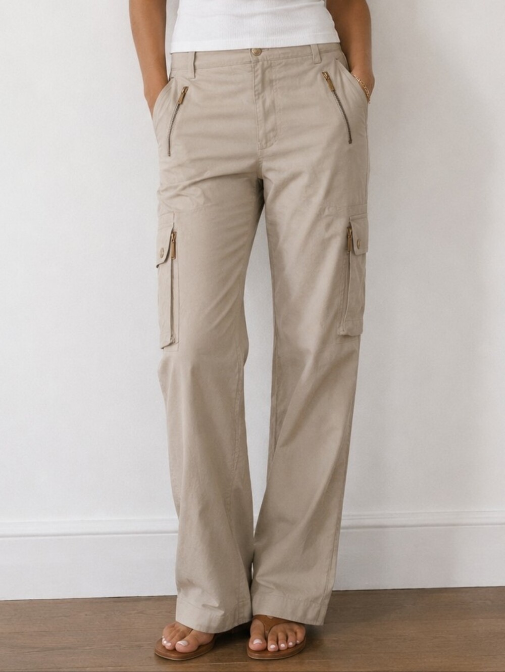 RALPH LAUREN Women's 100% Silk Beige Cargo Pants Zip Pocket Straight Leg Size 16 - Picture 1 of 6